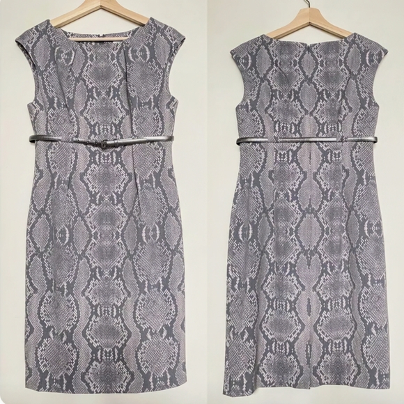 Calvin Klein, NWT, Gray, Snakeskin Print, Belted Sheath Dress, Size 12 - Picture 10 of 14